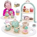 Wooden Tea Set for Little Girls, Toddler Girl Toys Play Kitchen Accessories, Pretend Play Kids Kitchen Playset, Tea Party Set with Cupcake Stand & Food for 3 4 5 6 Year Old Girl Boy Gifts