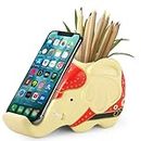 AhfuLife Elephant Pencil Holder with Phone Stand, Resin Carving Elephant Gifts for Women, Multifunctional Pen Pot Office Desk Decoration Stationery Supplies Organizer