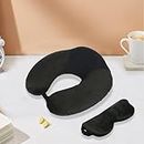 Heart Home Travel Neck Pillow With Sleeping Eye Mask|Neck Support Rest Pillow|Velvet Cover With Microfiber Fillling (Black)