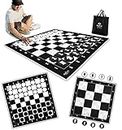 SWOOC Games - 3-in-1 Giant Checkers, Chess, & Chess Tac Toe Game with Mat (4ft x 4ft) - Machine-Washable Canvas & 5" Big Foam Discs - Giant Chess Set Outdoor & Checkers Board Game for Adults & Kids