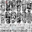 JEEFONNA 72 Sheets Temporary Tattoo for Men Women Adults, Include 12 Sheets Large Black 3D Realistic Tattoos Half Sleeve Temporary Tattoos, Include Black Scary Lion Wolf Tiger Skull Fake Tattoos …