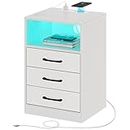 Seventable Nightstand with Wireless Charging Station and LED Lights, Modern End Side Table with 3 Drawers and Open Storage for Bedroom, White