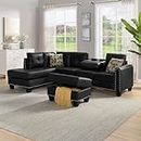 HBRR Sofa, L-Shape PU Leather Sectional Couch Set with Chaise, Ottoman, 2 Toss Pillow Using for Living Room Furniture (Black)
