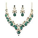 EVER FAITH Costume Jewelry Crystal Simulated Pearl Gorgeous Bridal Leaf Teardrop Statement Necklace Earrings Set Green Gold-Tone