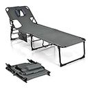Costway Beach Chaise Lounge Chair, Patio Folding Reclining Chair, Portable & Lightweight Camping Bed or Cot w/ 5 Adjustable Positions, Detachable Pillow, Storage Pouch for Sunbathing (Grey)