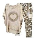 Summer Lounge Sets for Women 2 Piece Vacation Outfits Oversized Half Sleeve Linen Shirts Tops with Camouflage Pants