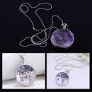 Natural Real Dried Lavender Flower Round Perfume Bottle Pendant Necklace rt