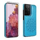 Anyisposs Phone Case for Samsung Galaxy S21 Ultra 5G Wallet Case with Tempered Glass Screen Protector and Card Holder Slots Stand Cover Flip Cases Glaxay S21ultra 21S S 21 21ultra G5 -G998U Men Blue