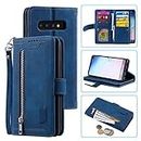 UEEBAI Wallet Case for Samsung Galaxy S10 Plus, Retro 9 Card Holder Slots Zipper Pocket Handbag Case PU Leather Magnetic Closure Kickstand with Wrist Strap TPU Shockproof folio Case - Blue