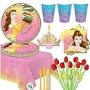 Princess Belle Beauty and the Beast Birthday Party Supplies For 16 With Plates, Cups, Napkins, Tablecover, Candle, 12 Inflatable Roses, and Exclusive Pin