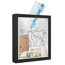 Adventure Archive Box, 8x8 Inches Travel Shadow Box Frame, Memory Box for Keepsakes, Ticket Collection Holder with Slot, Hang Memorabilia, Awards, Wedding, Tickets, and Photos (Black)