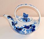 Pier 1 Imports Teapot Butterfly Blue & White Porcelain W/ Lid Hand Painted