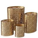 Modernist Home Golden Oval Candle Holders, Set of 4, Gold, Punched Metal, Star Gazer Lattice, 10 Inches