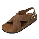 TEMOFON Flat Sandals for Women Summer: Leather Sandal Comfortable Shoes Womens Strap Flats Cork Footbed Sandal Casual Open Toe Woman Size, Brown, 5