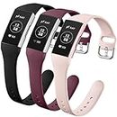 GEAK Compatible with Fitbit Charge 3 Bands/Fitbit Charge 4 Bands for Women, Slim Soft Silicon Replacement Band for Fitbit Charge 3/Charge 3 SE/Charge 4 Bands Women Men,Small Black/Sand Pink/Wine Red