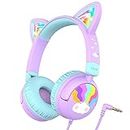 iClever Kids Headphones Cat Ear, LED Light Up, 85dBA Safe Volume, Stereo Sound Toddler Headphones for Travel School, Foldable 3.5mm Wired Kids Headphones for iPad Tablets, Meow Lollipop-Purple