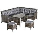 Outsunny 6 Pieces Patio Dining Set Wicker Outdoor Furniture Set Garden Rattan Sofa Set Outdoor Sectional Couch with Cushions, Dining Table and Ottomans, Grey