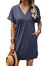SOLY HUX T-Shirt Dress for Women V Neck Short Sleeve Basic Tunic Top T Shirt Dresses Casual Dress with Pockets Solid Navy Blue M