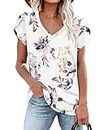 Damen T-Shirts Sommer Flügelärmeln V-Ausschnitt Tops für Frauen (Blumen weiß,L)