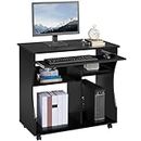Yaheetech Movable Computer Desk on Wheels Office PC Laptop Table for Small Space, Home Office Compact Desk with Sliding Keyboard Tray, 2 Shelves Corner Desk Table Workstation Black, 80.1x48.1x76.2cm