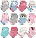 RATIVE Newborn Thick Terry Turn Cuff Socks for Baby Girls (0-3 months, 12-pairs/BG12)