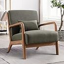 INZOY Mid Century Modern Accent Chair with Wood Frame, Upholstered Living Room Chairs with Waist Cushion, Reading Armchair for Bedroom Sunroom (Green)