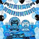 Video Game Party Supplies Set - 88 PCS Gamer Birthday Party Decorations for Kids Boys Family Gaming Night Tableware Set Happy Birthday Banner Tablecloth Plates Napkins Cups Balloons Serves 16 Guests