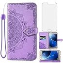 Compatible with Samsung Galaxy J7 2016 Wallet Case and Tempered Glass Screen Protector Leather Mandala Flower Flip Cover Credit Card Holder Stand Cell Phone Cases for Glaxay J 7 J710 Women Men Purple
