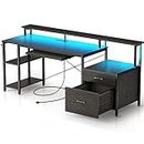Rolanstar Computer Desk 63" with Power Outlet & LED Light, Home Office Desk with 2 Drawers & Printer Storage Shelves, Ergonomic Gaming Desk with Monitor Stand & Keyboard Tray, Black