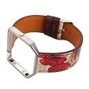 Watchband with Frame for Fitbit Blaze, Soft Leather Replacement Strap Printing Bracelet Strap for Fitbit Blaze Smart Fitness Watch (Retro Flower Red)