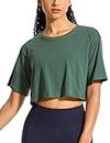 CRZ YOGA Women's Pima Cotton Workout Crop Top Short Sleeve Running T-Shirt Casual Athletic Tee Graphite Green Medium