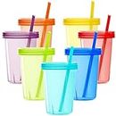 Youngever 7 Sets Plastic Kids Cups with Lids and Straws, 7 Reusable Toddler Cups with Straws in 7 Assorted Colors