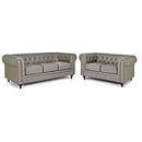 Bravich Leather Chesterfield Sofa- Grey. Two & Three Seater Sofa Set, Faux Bonded Leather Vintage Couch. Living Room Furniture, Easy Clean. 2+3 Seater