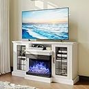 oneinmil 59'' Fireplace TV Stand, 3-Sided Glass Media Entertainment Center Console Table for TVs up to 65'' with Glass Door Closed Storage Adjustable Flame LED Color for Living Room, White