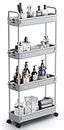 SOLEJAZZ 4-Tier Storage Trolley Cart Slide-out Slim Rolling Utility Cart Mobile Storage Shelving Organizer for Kitchen, Bathroom, Laundry Room, Bedroom, Narrow Places, Plastic, Grey