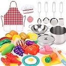 Qizebaby Kitchen Pretend Play Toys，Kids Play Cooking Set with Stainless Steel Cookware Pots and Pans Set, Cooking Utensils, Apron & Chef Hat, Cutting Vegetables & Fruits，Preschool Kitchen Play for Toddler Boys & Girls