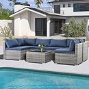 IJIALIFE 7 Pieces Patio Furniture Set, Modular Patio Set Wicker Outdoor Sectional Sofa Set PE Rattan Wicker Patio Conversation Set with Thickened Cushions and Coffee Table,Gray Wicker/Navy Cushion