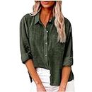 Camicia da donna in cotone e lino con bottoni 2023 Camicie casual a maniche lunghe in tinta unita Top da lavoro larghi con tasche, Verde militare, 5XL