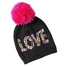 Betsey Johnson Xox Trolls Black Knit Hat Love Rainbow Sequin Pink Pom Beanie