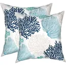 Summer Coastal Throw Pillows 18x18 Inch Set of 2 Coral Branch Ocean Themed Decorative Pillow Cases