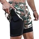 Surenow Mens Running Shorts，Workout Running Shorts for Men，2-in-1 Stealth Shorts，7-Inch Gym Yoga Outdoor Sports Shorts, Green/Camouflage, X-Large