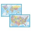 2 Pack - Laminated World Map & US Map Poster Set - Wall Chart Map of the World & United States - Made in the USA [Light Blue]