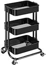 Pipishell 3-Tier Metal Rolling Utility Cart, Heavy-Duty Storage Cart with 2 Lockable Wheels, Multifunctional Mesh Organization Cart for Kitchen Office Living Room, Black