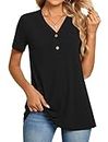 BISHUIGE Womens Henley Tunic Tops Button Up T-Shirts Short Sleeve Casual V-Neck Blouses, XL, Black