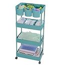 Piowio 4 Tier Rolling Utility Cart Organizer Storage Shelf Cart with 3PCS Hanging Cups for Home Office Kitchen Bathroom Narrow Space Organization (Blue)