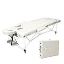 Vesgantti Portable Massage Bed Table - 3-Section Aluminium Foldable Beauty Couch for Reiki Therapy Treatment Salon Healing - Metal Headrest Support/with Carry Bag (Beige White)