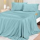 Utopia Bedding Queen Sheet Set – Soft Microfiber 4 Piece Hotel Luxury Bed Sheets with Deep Pockets - Embroidered Pillow Cases - Side Storage Pocket Fitted Sheet - Flat Sheet (Spa Blue, Queen)