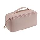 Cosmetic Bag, Portable PU Leather Cosmetic Organizer Bag, Waterproof Cosmetic Bag Organizer with Compartments for Women Girls-Rose Pink