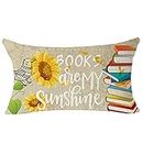SOPARLLY Books are My Sunshine Painting Book Sunflower Bird Vintage Paper Cotton Linen Decorative Home Office Lumbar Throw Pillow Case Couch Cushion Cover 12X20 inches