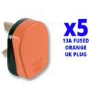 5x Rubber UK 13A 13 AMP Fused Plug Top Orange Mains Household Plugs 3 Pin